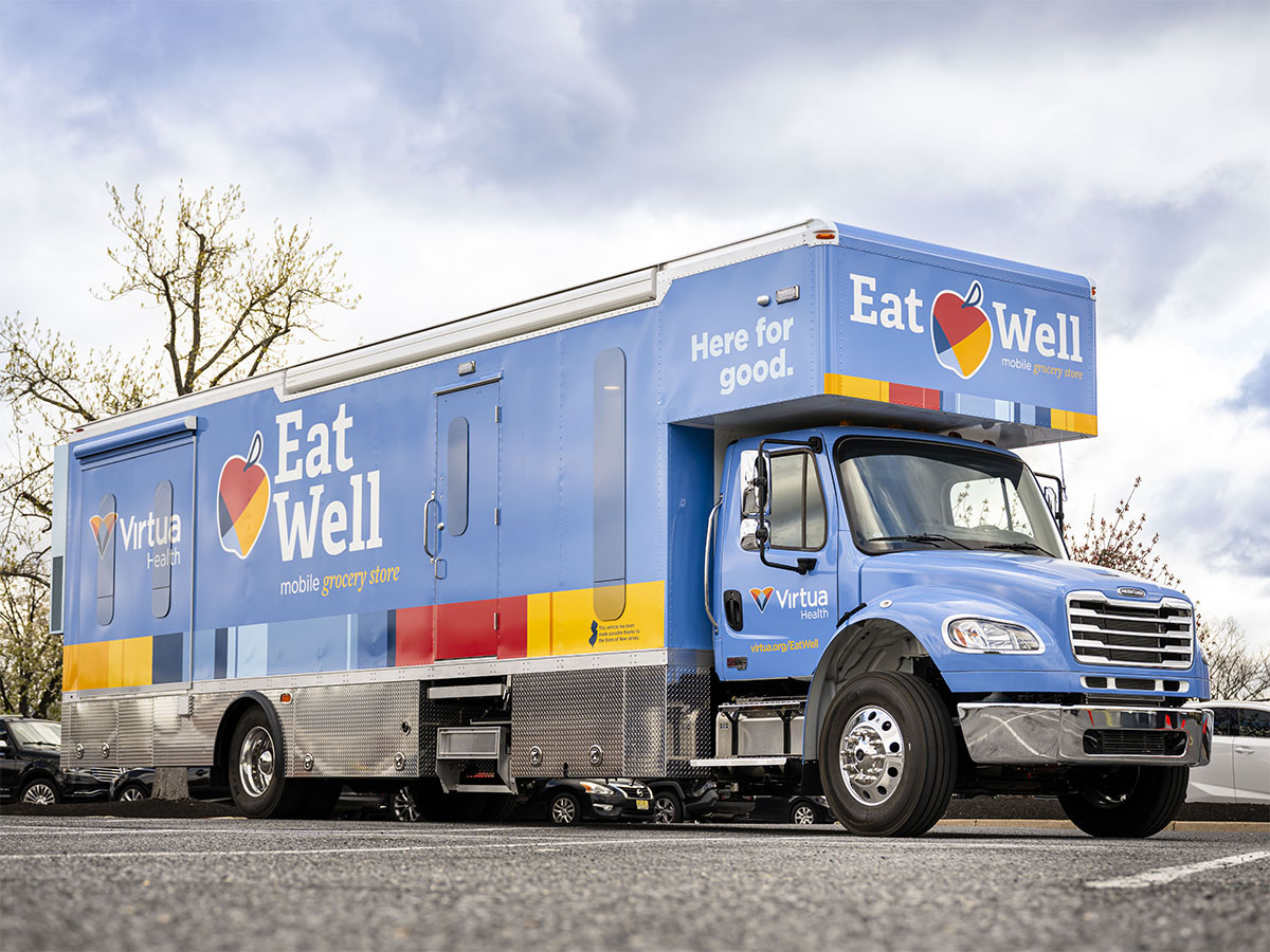 Virtua's Mobile Grocery Store vehicle - a blue truck with Eat Well Mobile Grocery Store branding printed on it